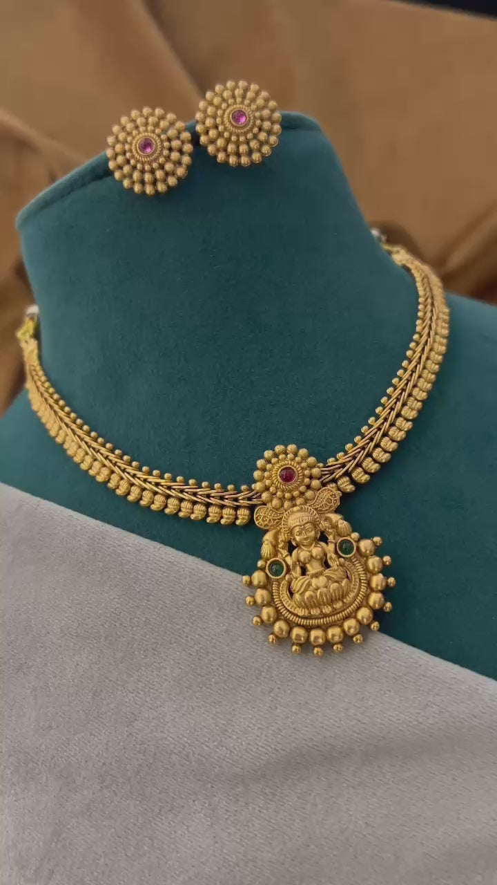 Antique Lakshmi Temple Necklace Set with Traditional Studs